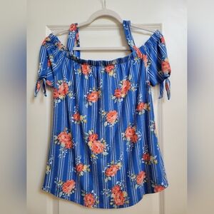 Bobbie Brooks Blue Floral and Striped Cold Shoulder Blouse Size M